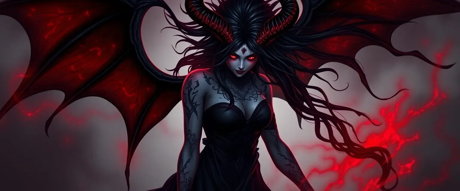Crimson-eyed demon with flowing obsidian hair and glowing tattoos, wearing a shifting midnight gown.
