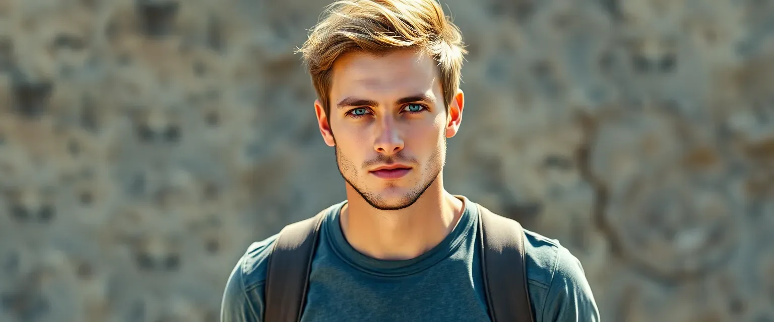 28-year-old Australian man with sun-kissed skin, sandy brown hair, and piercing blue eyes, wearing khaki shorts and a faded T-shirt, with hiking boots.