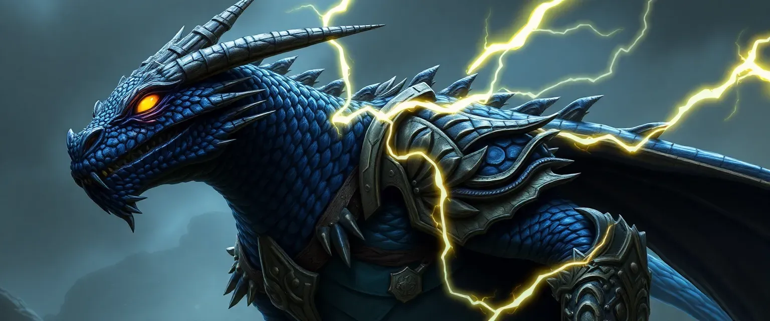 Tall Dragonborn with midnight blue scales, wearing ancestral armor, yellow eyes crackling with lightning energy.