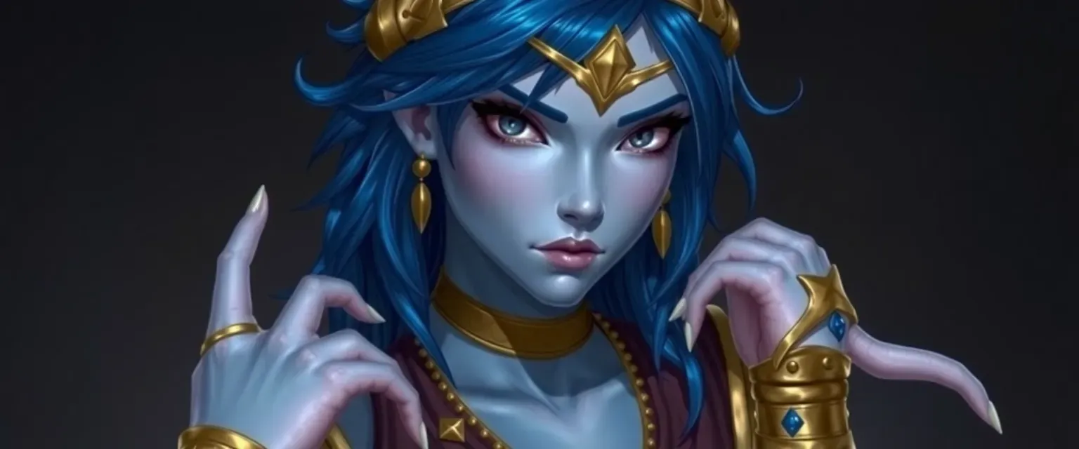 Dark blue hair, golden headband, pale opalescent skin, blue scales, webbed hands, fish-like ears, golden bracers and bands, long tunic.
