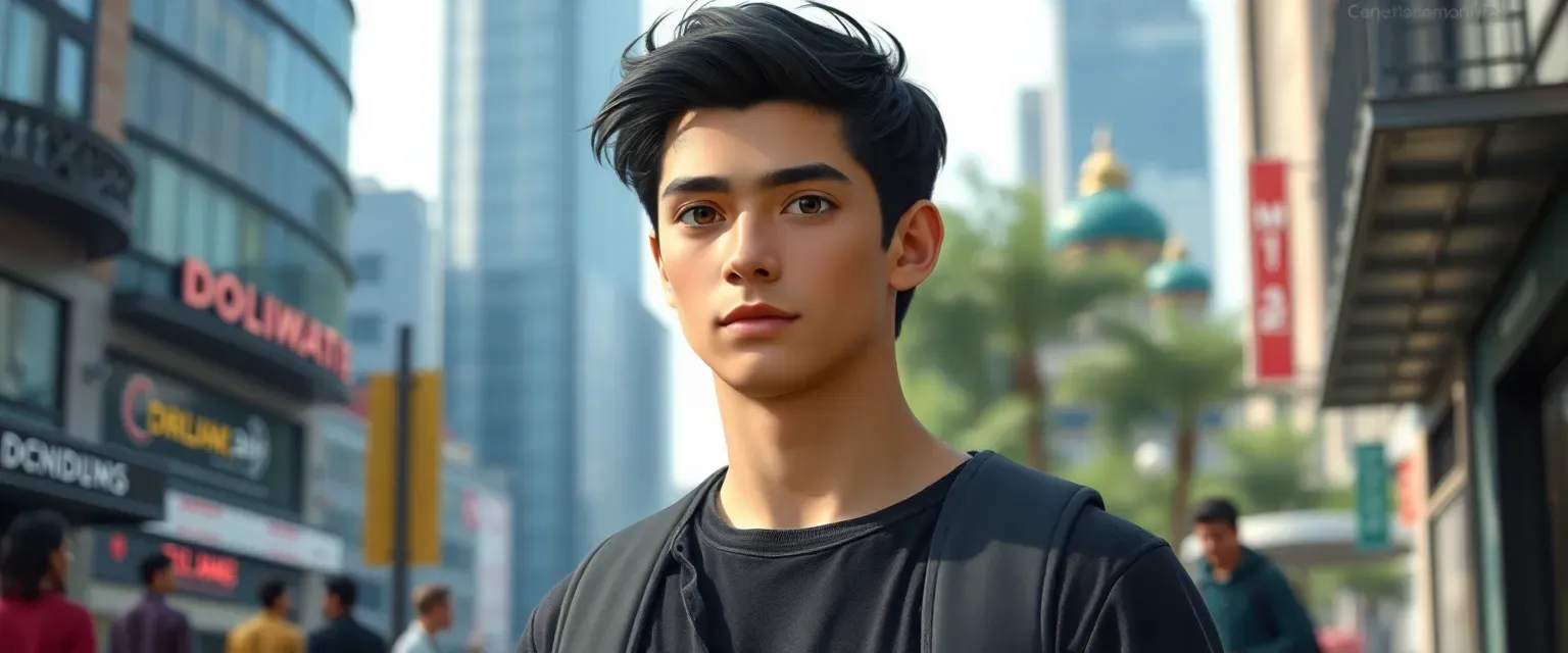 18-year-old Milo with black hair and brown eyes, average build, 180cm tall, wearing casual city clothes.