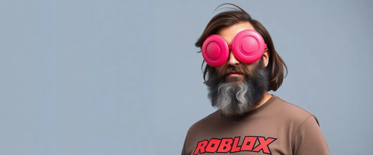 A man in his forties with a beard, frilly dark brown hair, and frisbees instead of eyes, wearing a Roblox t-shirt.