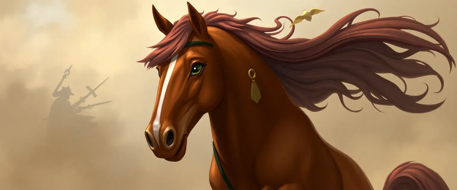 Seven-foot-tall muscular Anthro horse with chestnut fur, green eyes, and a flowing dark mane, wearing tailored suits.