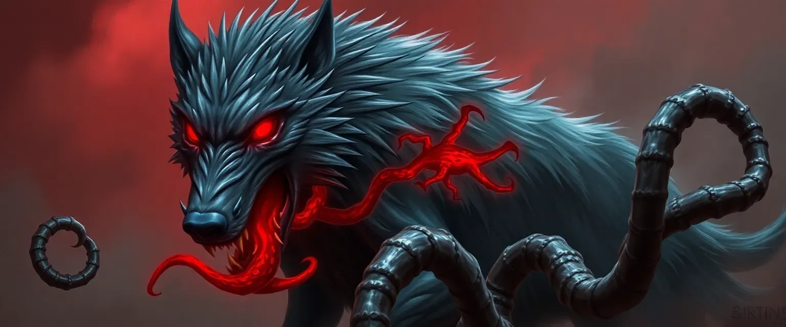 Dark grey wolf with red eyes, alpha of his pack, fused with a primordial demon, summoning tentacles.
