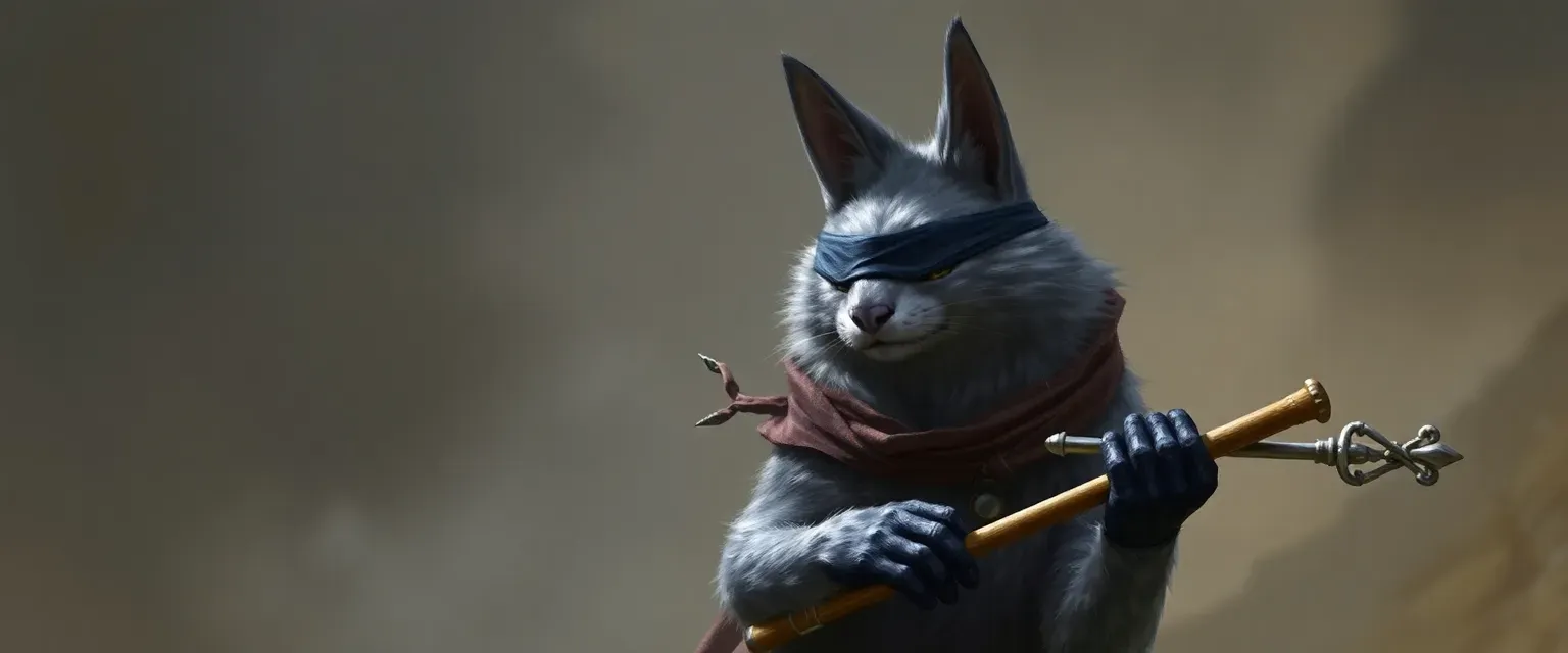 7.5ft tall blind Tabaxi with silver and black fur, tufted ears, wearing a blindfold, holding a musical instrument.