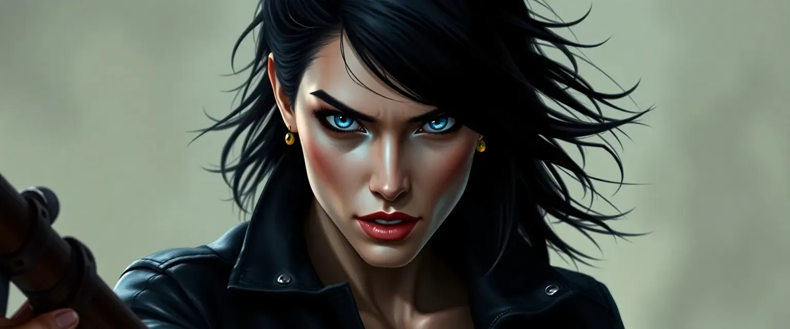 Tall, muscular woman with pale skin, piercing blue eyes, and wild black hair, dressed in a dark leather jacket.