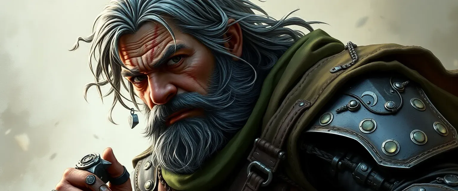 Middle-aged battle-hardened soldier with scarred face, gray-streaked hair, broad frame in leather armor and green cloak, tapping rhythm with maimed hand.