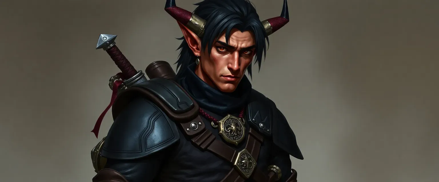 Male tiefling rogue, reddish skin, black hair, black leather armor, daggers, holy symbol of Mask, pouches, backpack.