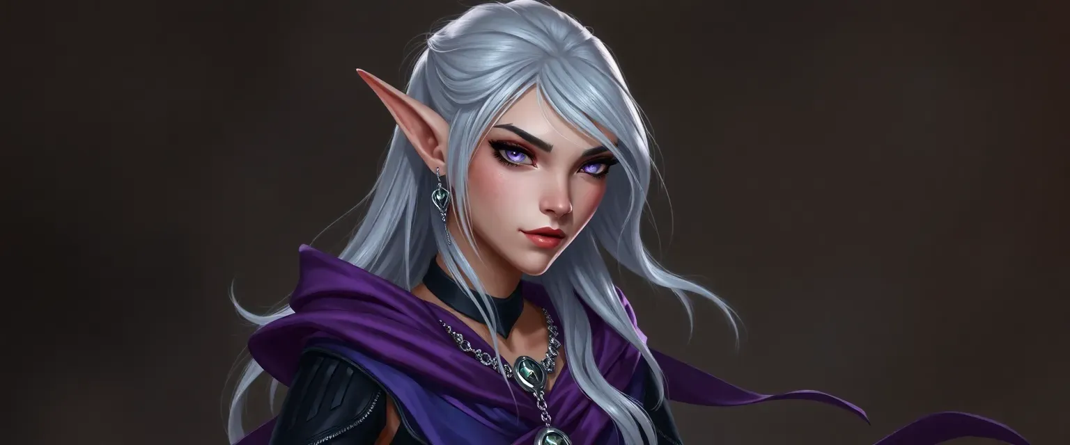Tall, slender elf with silver hair and sharp features, dressed in luxurious purple and black silks with silver jewelry.