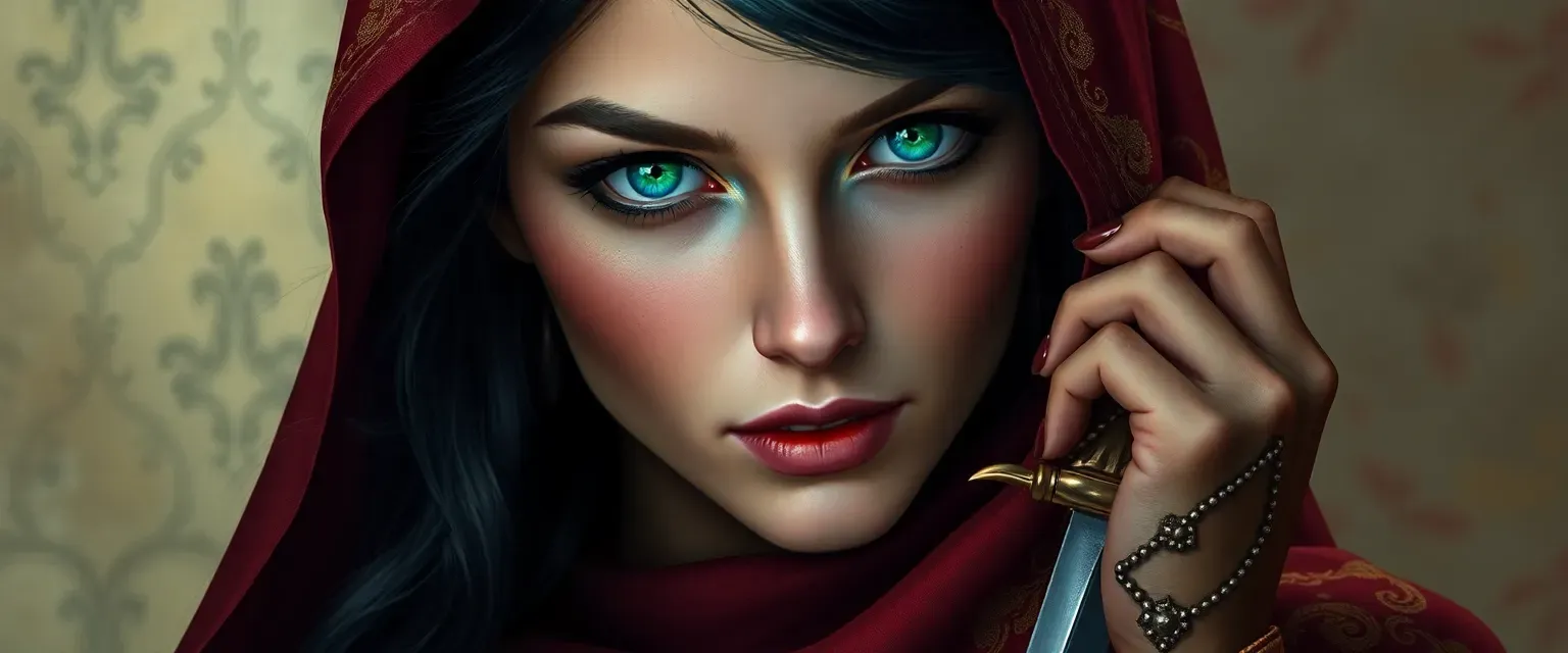 Late twenties woman with emerald eyes, disguised in harem silks, carrying a hidden dagger and poison.