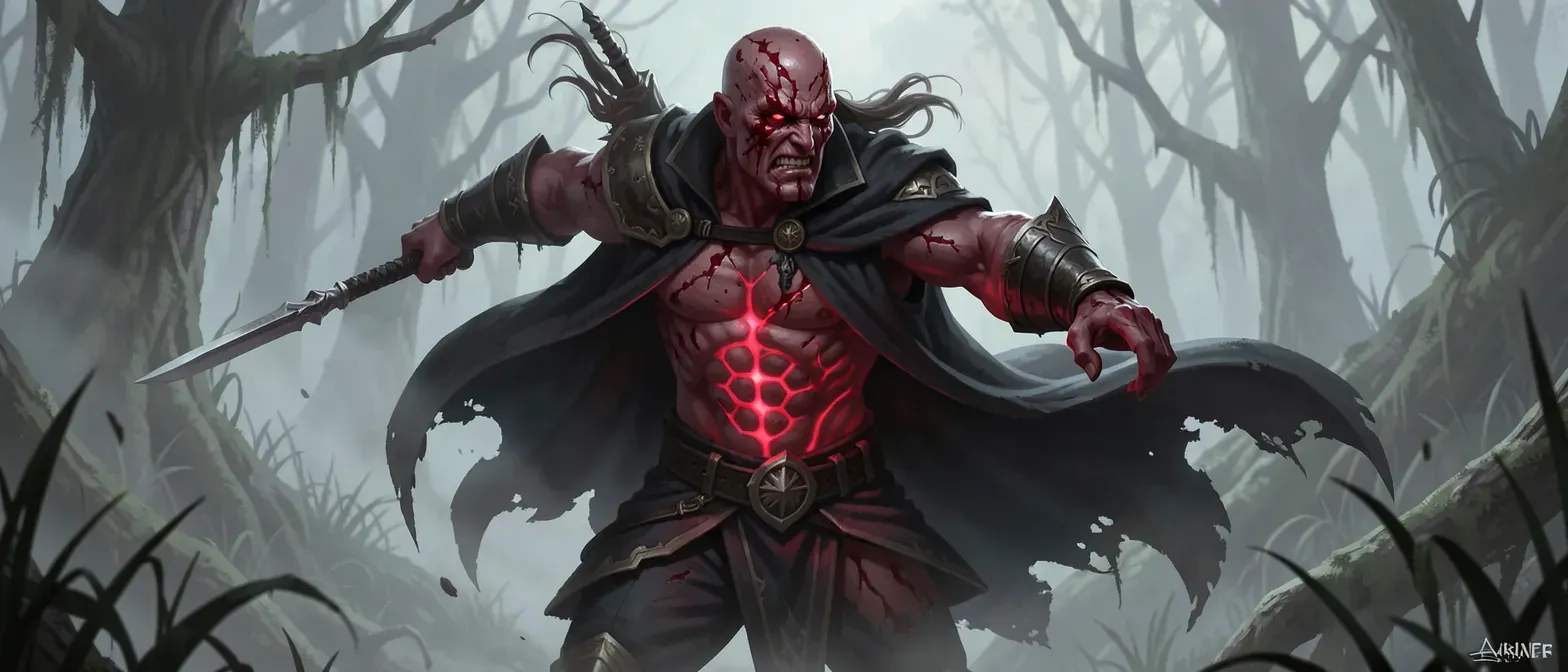 Pockmarked crimson hexblood ranger in shadow cloak, scarred face, symbiotic pulses under ribs, misty bog setting.