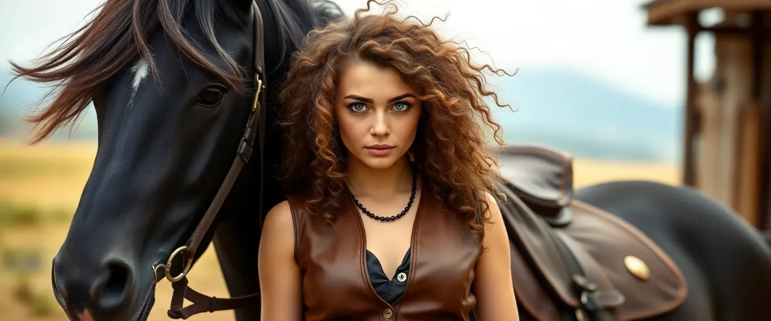 A woman with wild curly hair and green eyes, wearing a leather vest and trousers, beside a black horse with a flowing mane.