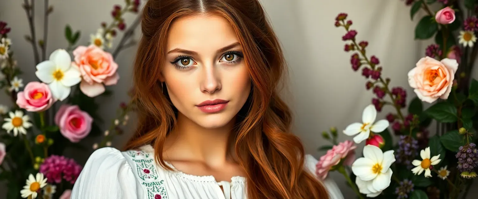 Young Slavic woman, chestnut hair, hazel eyes, wearing a traditional white dress, surrounded by floral arrangements.