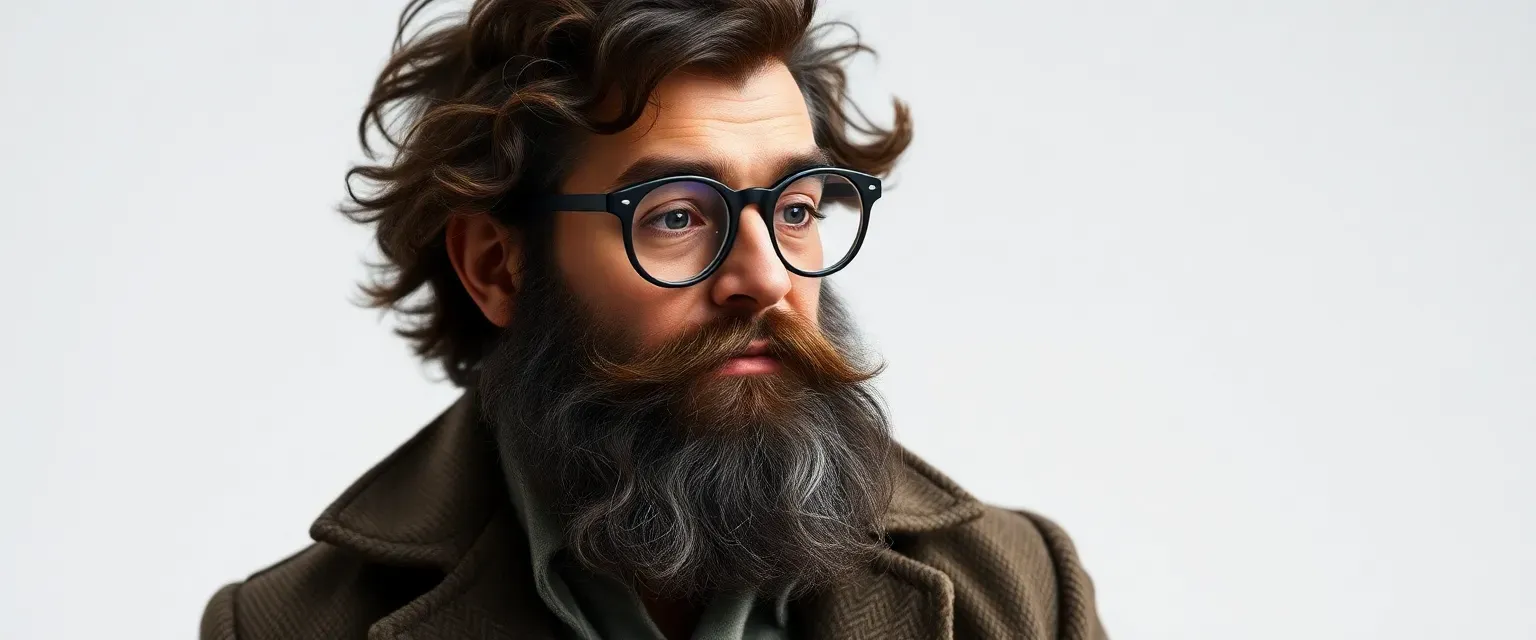 Bearded man in his forties, frilly dark brown hair, glasses, frisbees instead of eyes, wearing a tweed jacket and jeans.