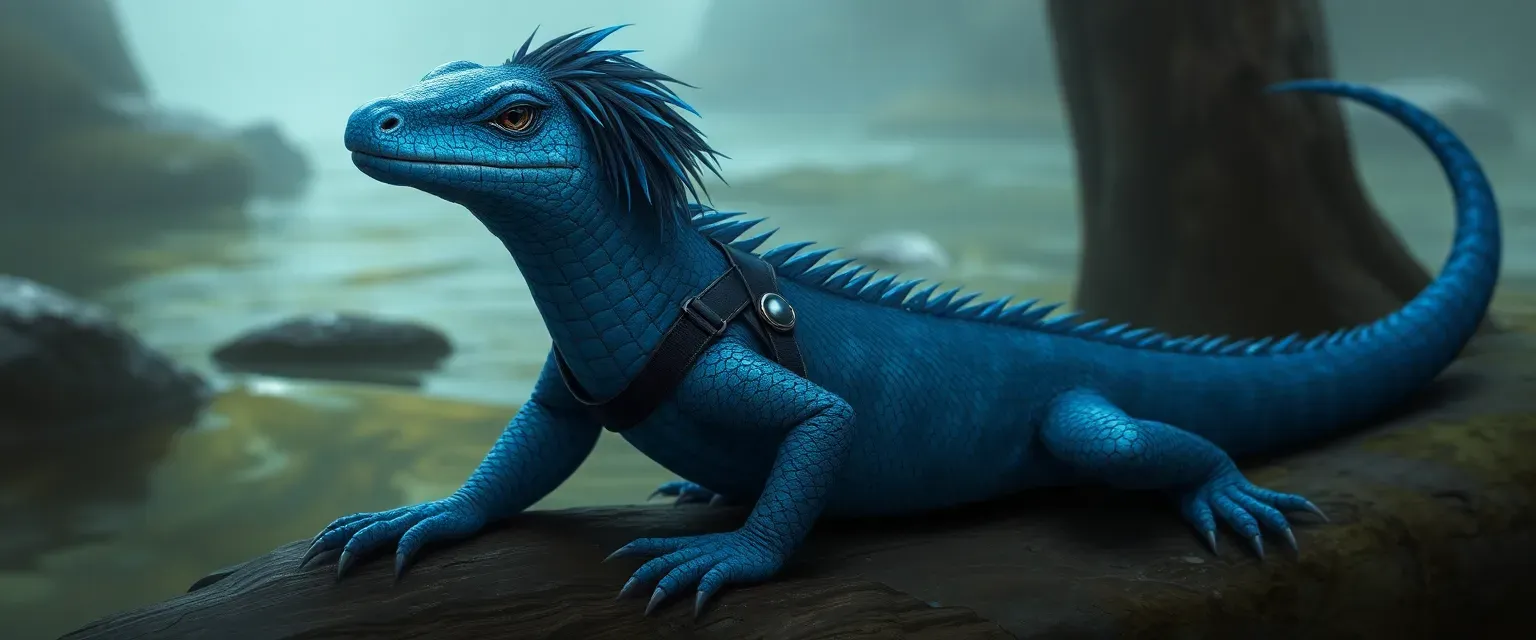 Blue water monitor Amari with black hair and blue streaks, wearing a blue outfit with black straps, marked with blue and black, long blue tail.