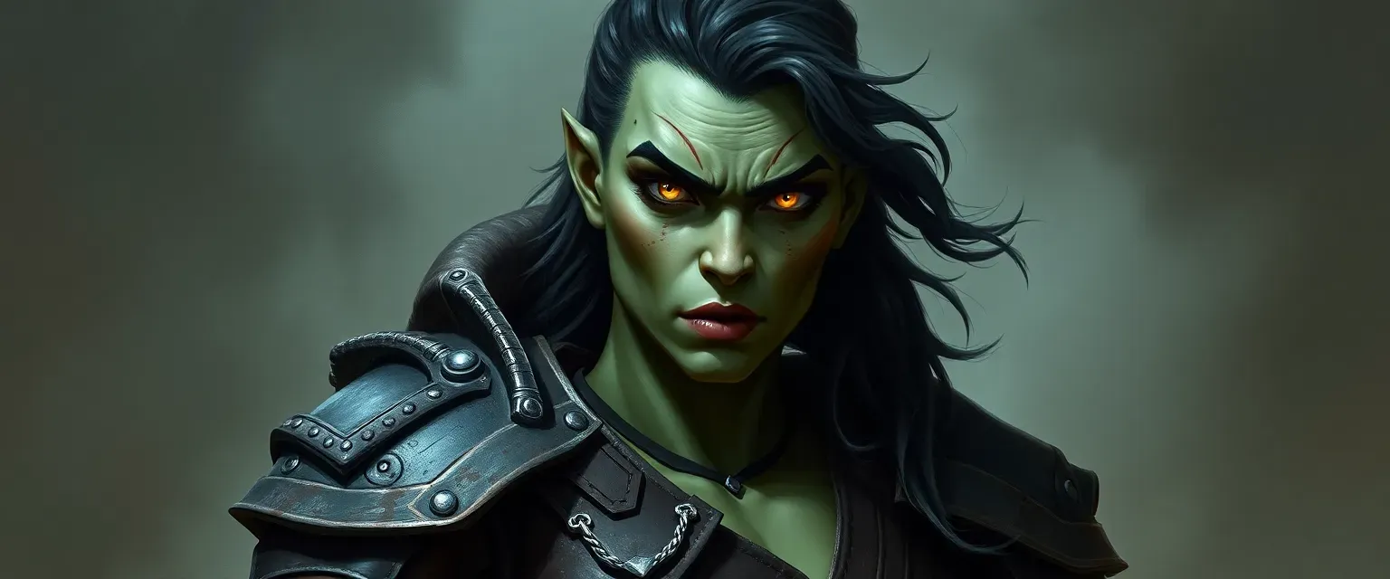 Tall, muscular half-orc woman with mottled green-gray skin, yellow eyes, and battle-scarred armor.