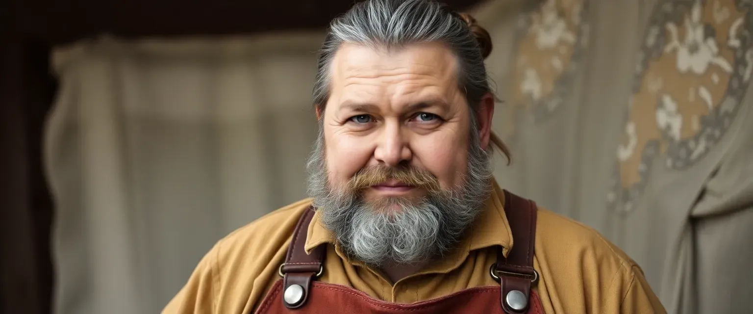 Early 40s Slavic man, chubby, round face, gray-brown hair tied back, neat beard, wearing a leather apron over linen shirt, sturdy boots.