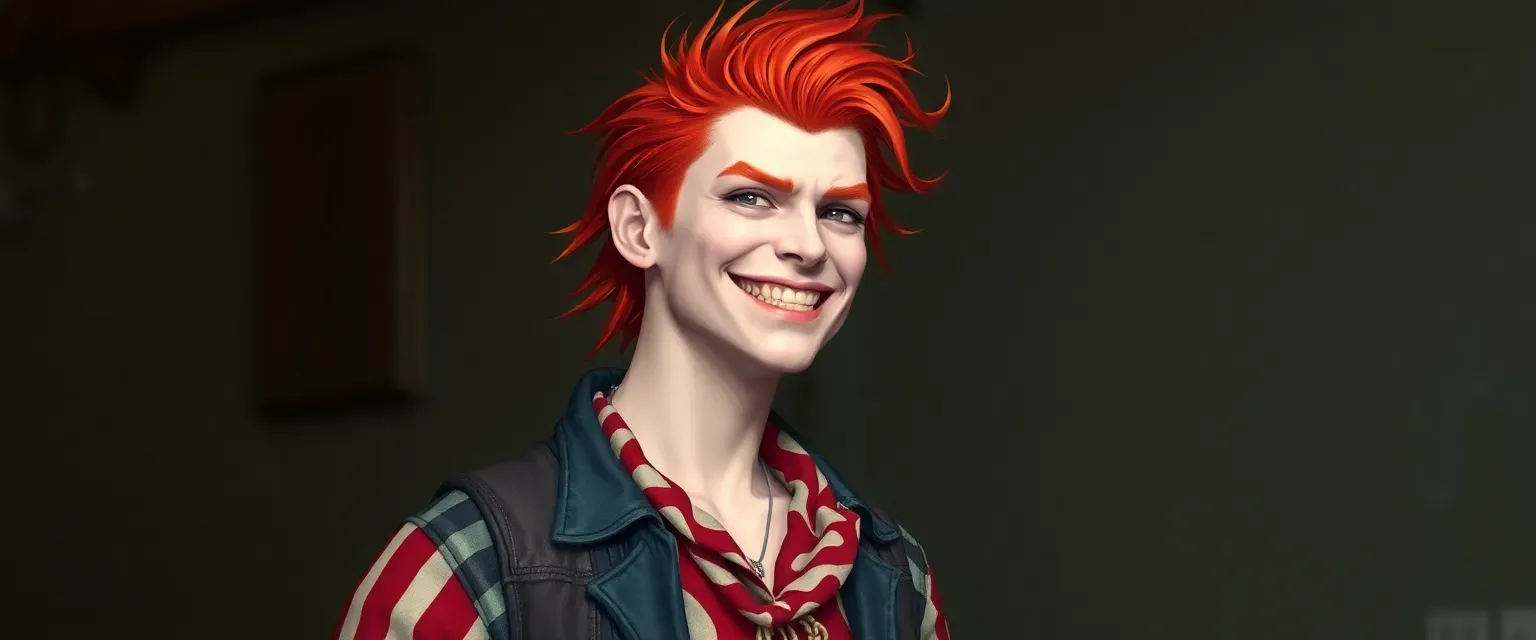 Young man with fiery red hair and pale skin, wearing a mix of circus and street clothes, often seen with a chilling grin.