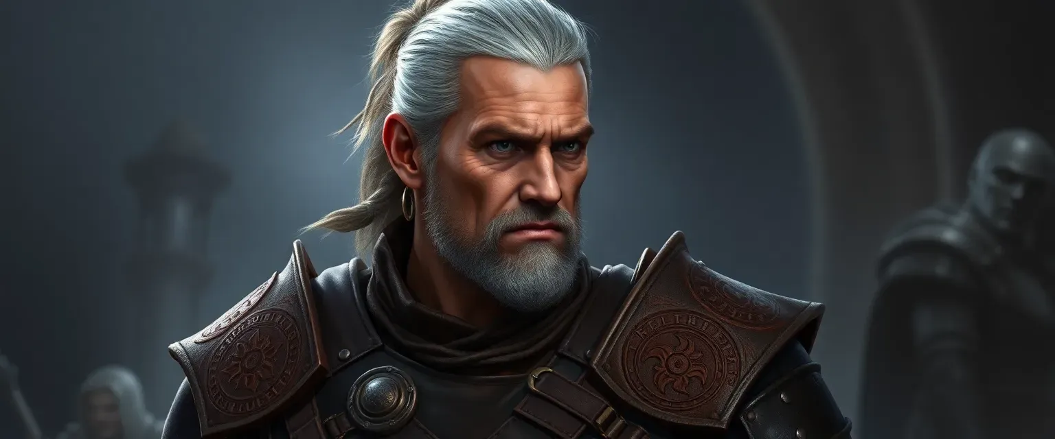 A seasoned human fighter in his forties with graying hair tied back, wearing leather armor marked with old guard symbols.