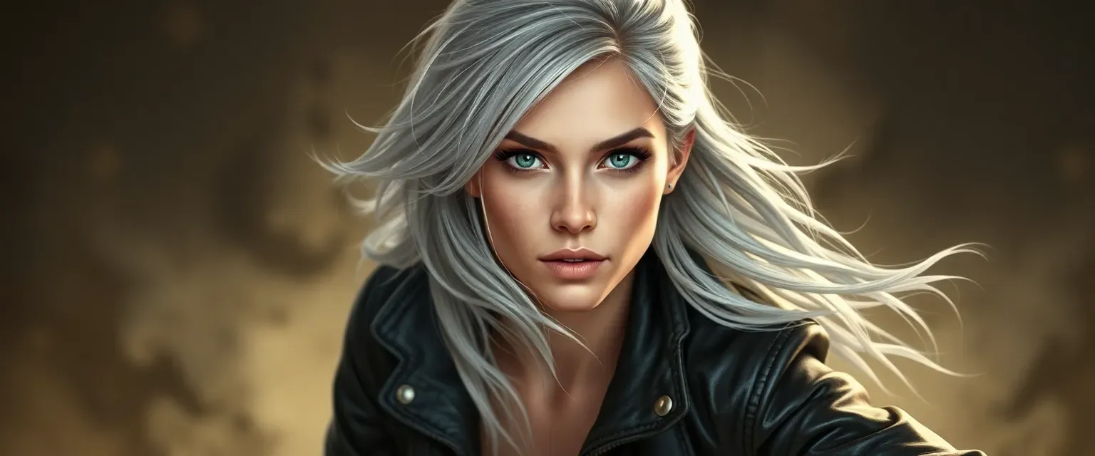 Late 20s woman with silver hair, blue eyes, wearing a dark leather jacket and boots.