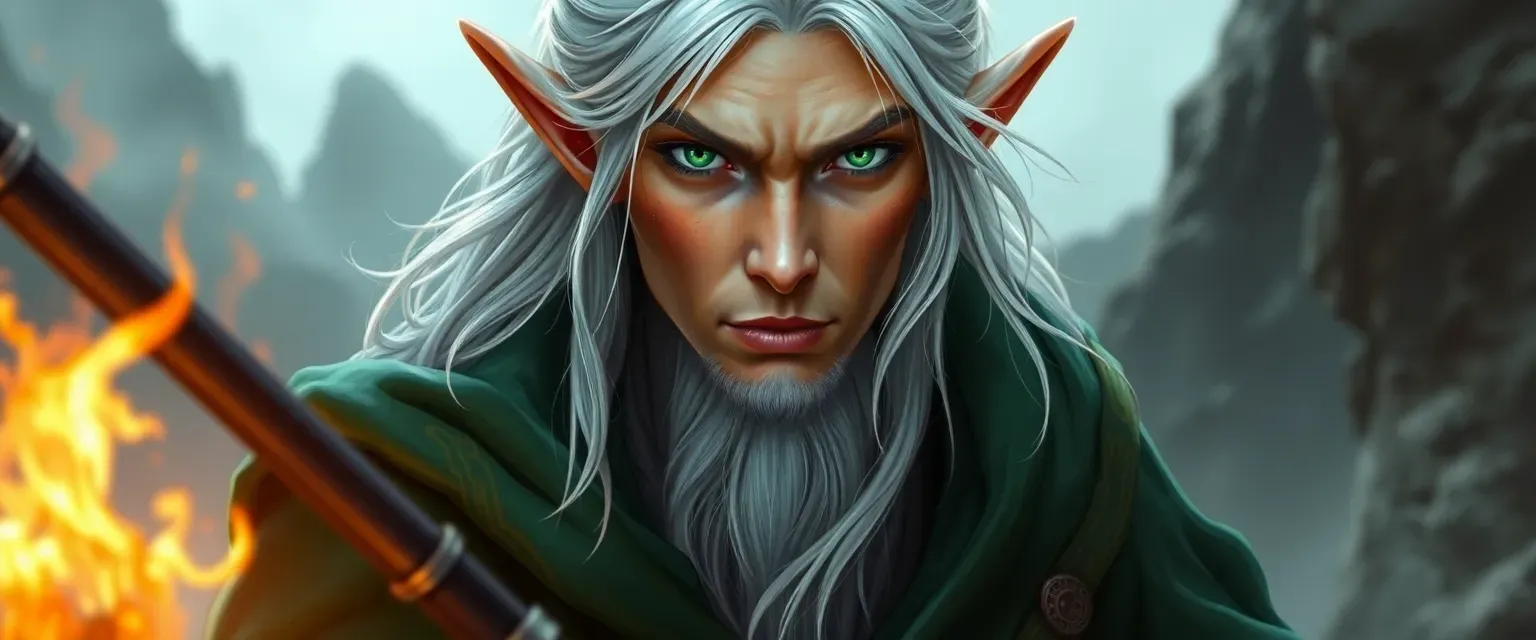 200-year-old high elf druid with silver hair, emerald eyes, wearing a green robe with gold threads.