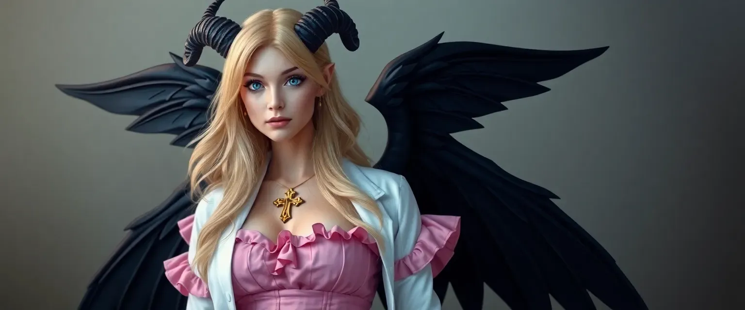 165 cm tall nurse with long blonde hair, blue eyes, black horns with a golden cross, black wings, and a heart tattoo on cleavage, wearing a pink ruffly top and white nurse coat.