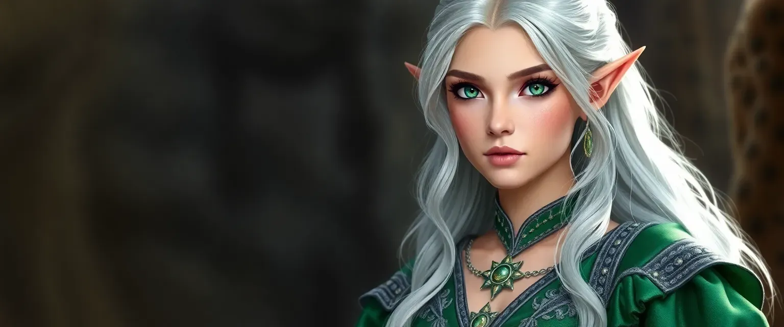 A 25-year-old half-elf princess with silver hair and emerald eyes, wearing a green gown with silver embroidery.