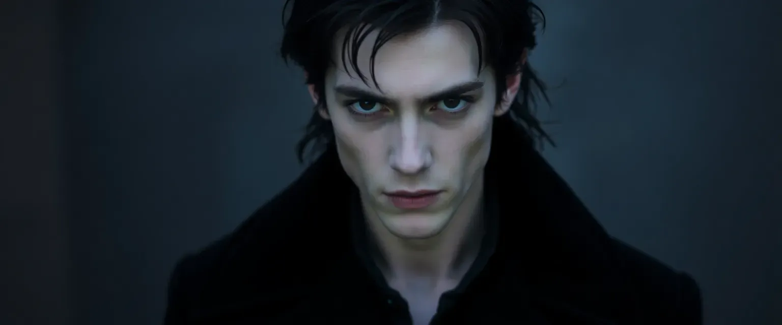 Young, pale-skinned vampire with dark eyes and disheveled black hair, wearing a long, dark coat.