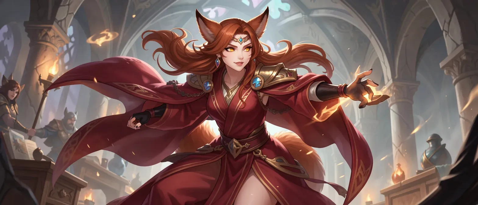 A sly fox spirit woman with auburn hair, golden eyes, wearing crimson robes and a cloak, appearing in her thirties with subtle fox ears and tail.