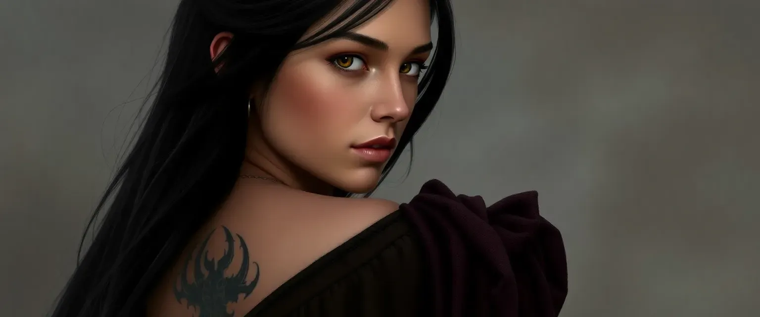 Young woman with long black hair, sharp brown eyes, dressed in dark, muted colors, with a scarred tattoo on her lower back.