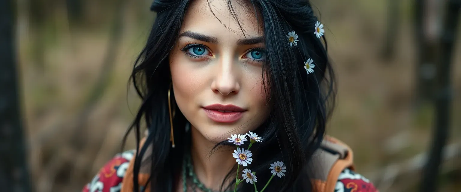 Late 20s woman with twilight blue eyes, midnight black hair with wildflowers, wearing bohemian dresses and hiking gear, soft tan skin.