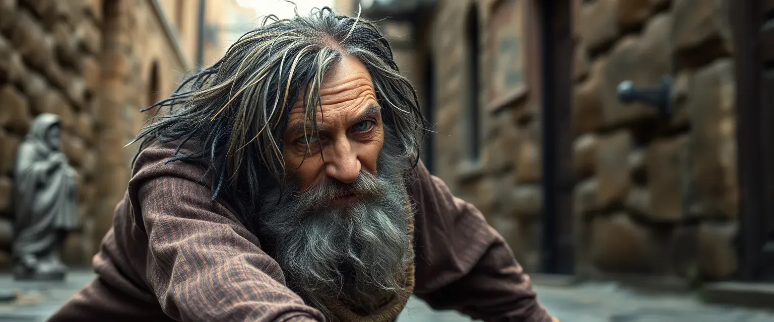 Old man in tattered rags, pretending to be blind, with a gray-black tangled beard and hair, crawling the cobblestone streets.