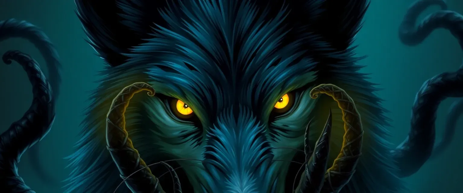 Dark grey wolf with glowing yellow eyes, summoning shadowy tentacles, haunting howl.