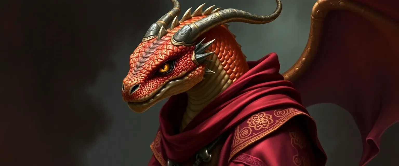 Brass-scaled dragonborn sorcerer in crimson robes with gold patterns, amber eyes, confident and cunning.