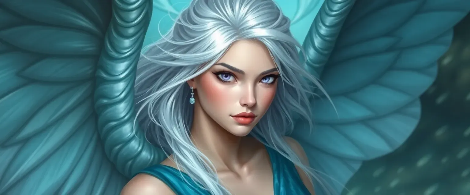 28-year-old siren with silver hair, light purple eyes, and oceanic wings, wearing sea silk garment.