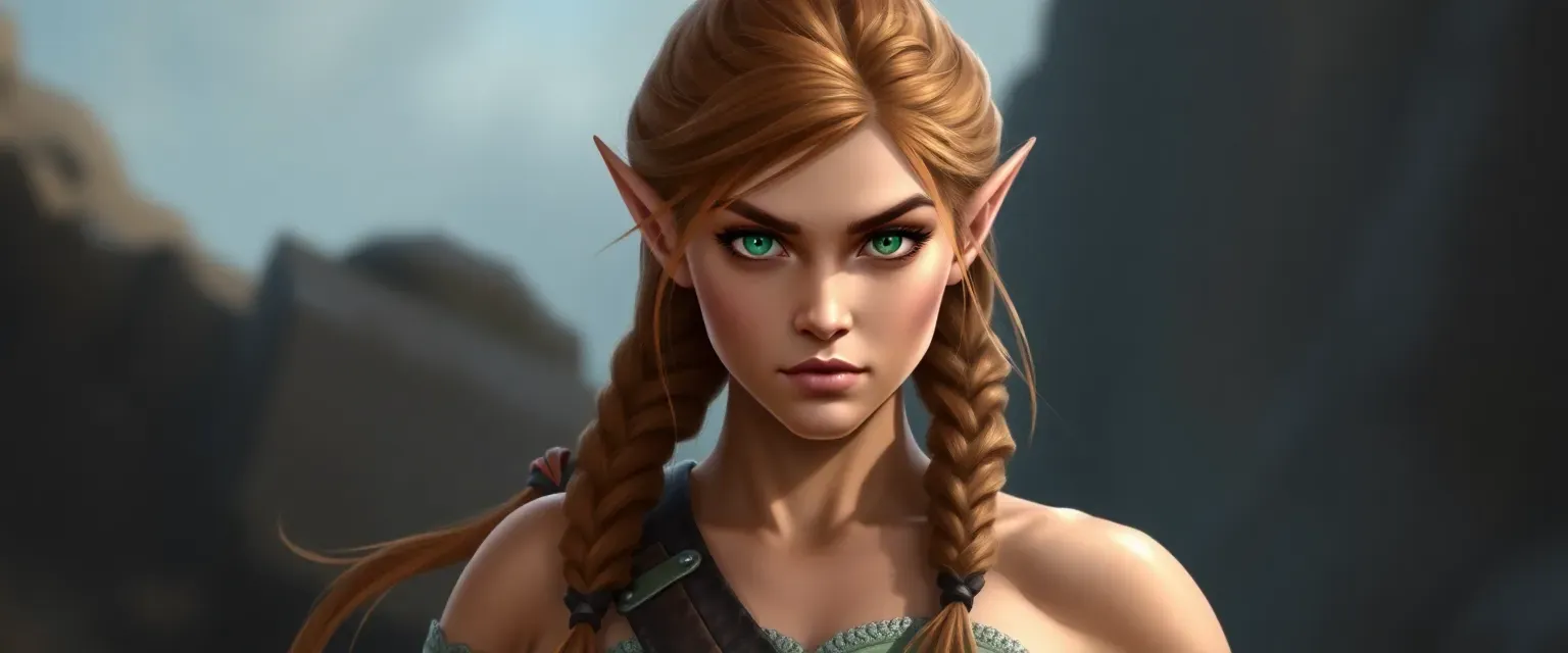 Young half-elf woman with chestnut hair in a braid, muscular build, emerald green eyes, wearing practical fighter's attire.