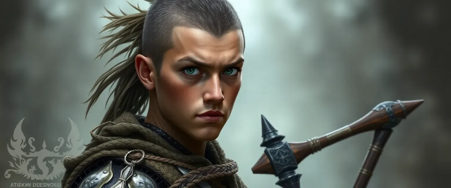Young Slavic warrior, half-shaven, light eyes, spiked mace, traditional tribal attire.