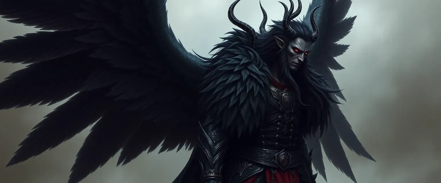 Tall, winged god with black feathers, crimson eyes, wearing dark leather and silk, regal yet battle-ready.