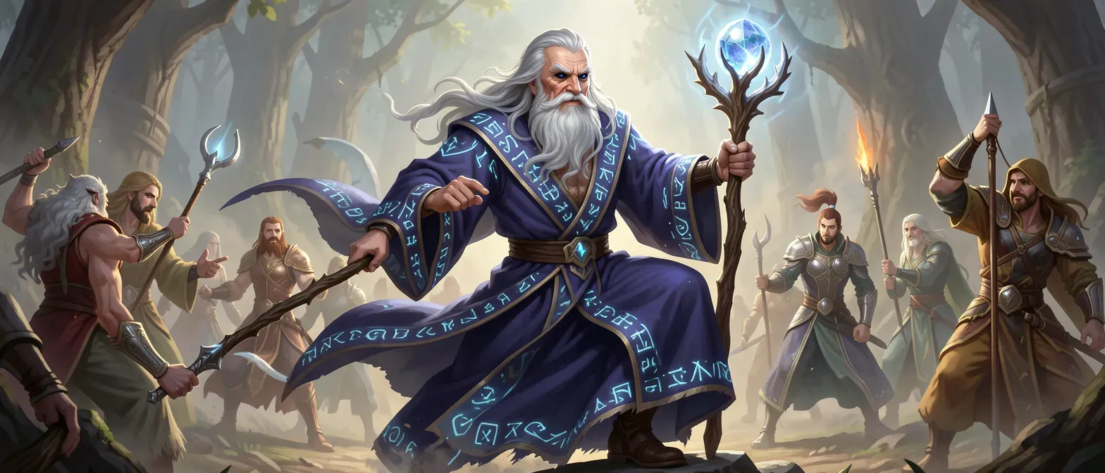 Elderly god with silver hair and beard, obsidian eyes, wearing indigo robes with glowing runes, holding a yew staff with crystal orb, timeless and wise appearance.