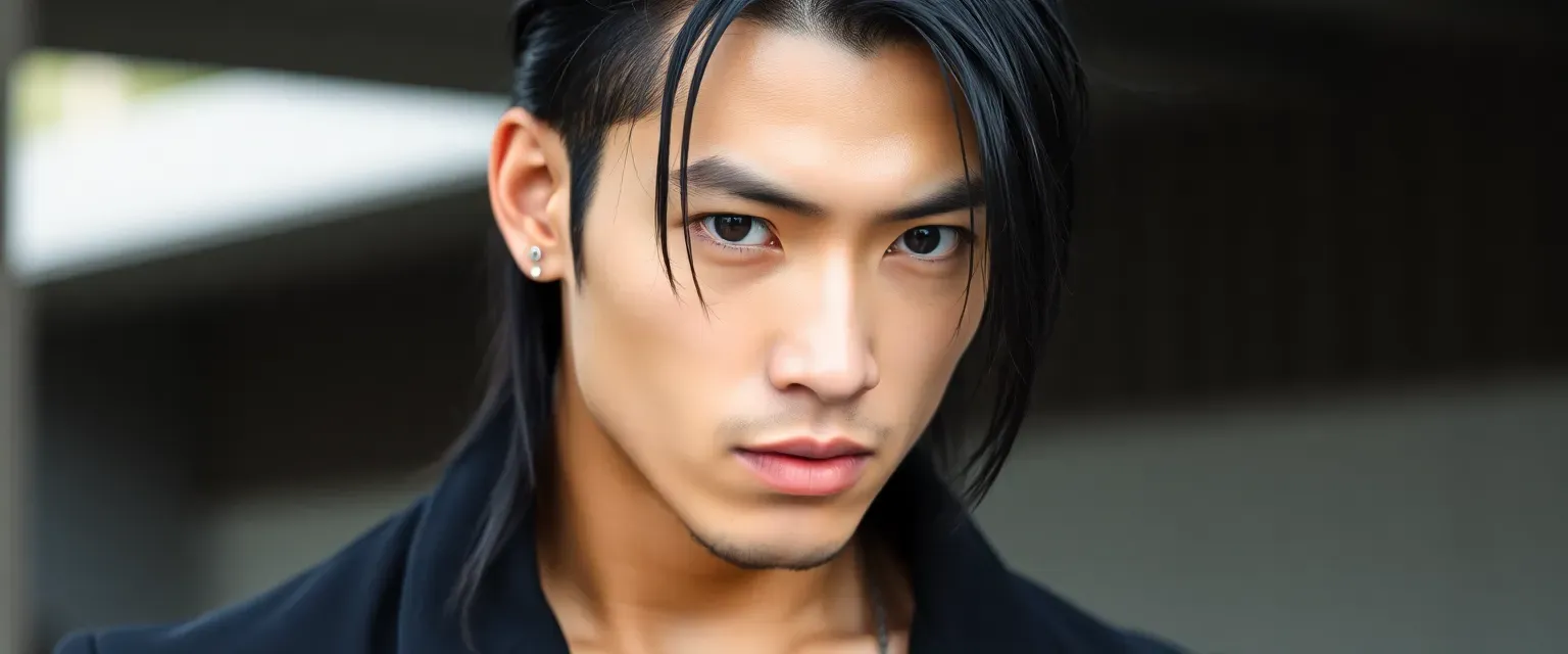 Athletic Asian man in his mid-20s with long black hair, multiple ear piercings, muscular build with visible abs tattoos, dressed in sleek black assassin attire.