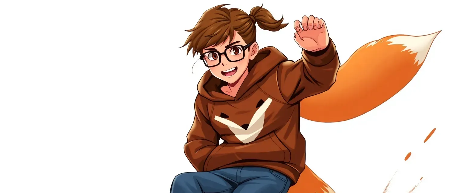 14-year-old boy with a long ponytail and glasses, wearing a fox-themed hoodie and jeans, playful and mischievous.