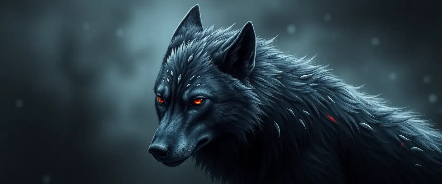 A dark grey wolf with red eyes and scars, exuding a haunting aura of solitude and power.