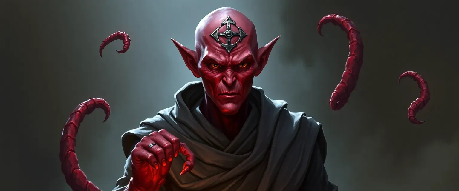 Bald tiefling monk with sigils on head, crimson skin, gray robes, and the ability to transform limbs into tentacles.