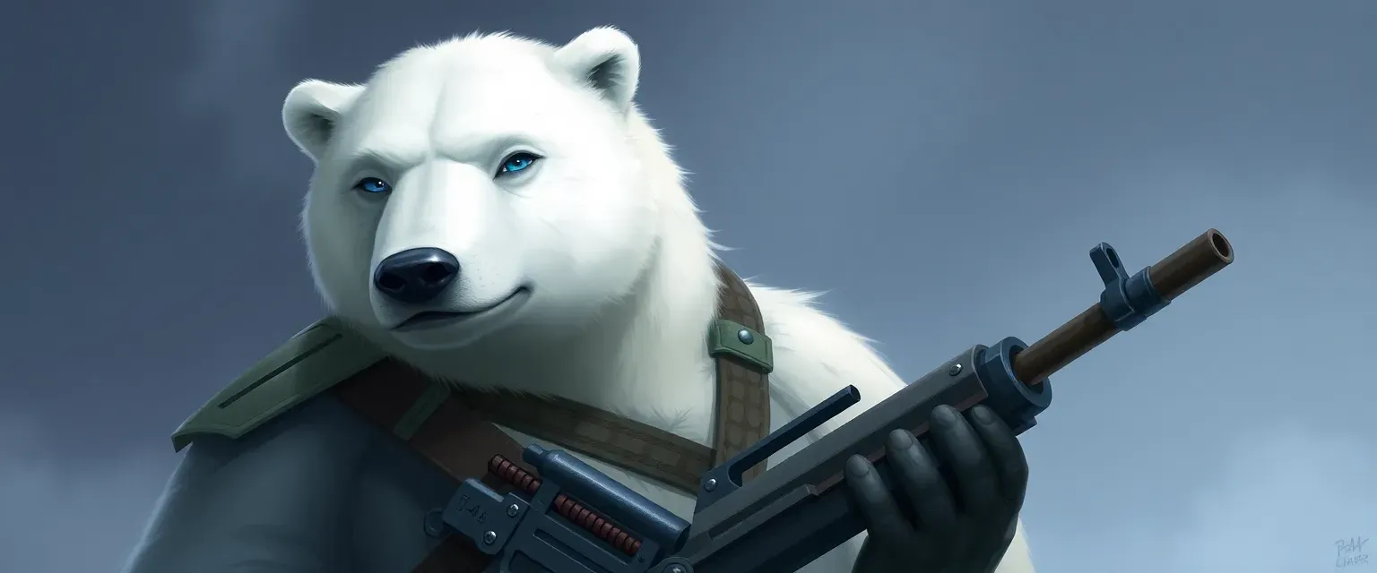 A tall polar bear lieutenant with white fur and blue eyes, wearing a military uniform and carrying a machine gun.