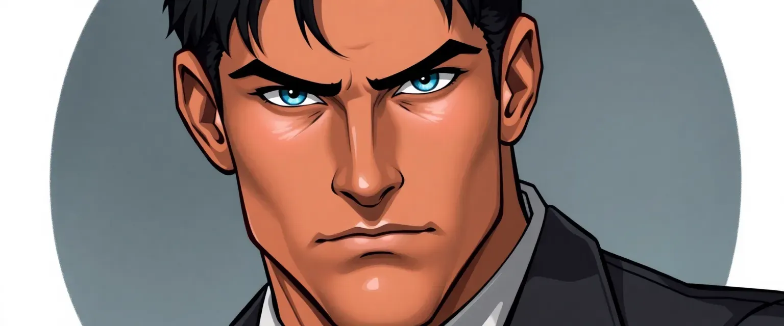Tall, muscular man with short dark hair and intense blue eyes, wearing a well-fitted suit.