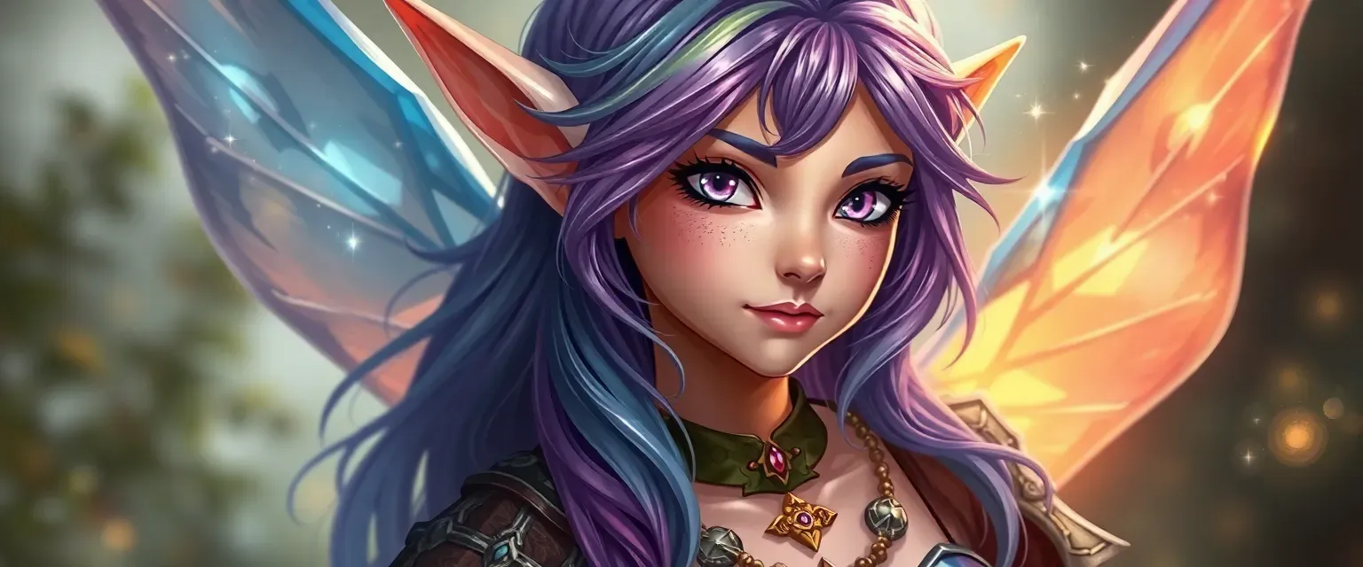 Elf with multicolored hair, violet eyes, wearing earthy and shimmering fabrics, carrying a celestial aura.