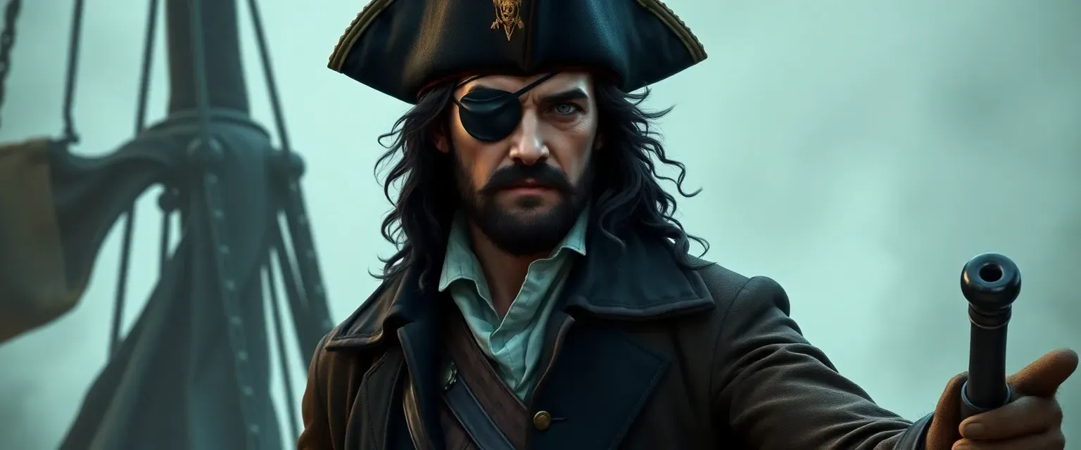 Pirate captain, late 30s, eyepatch, dark wavy hair, long coat, boots, cutlass at waist.
