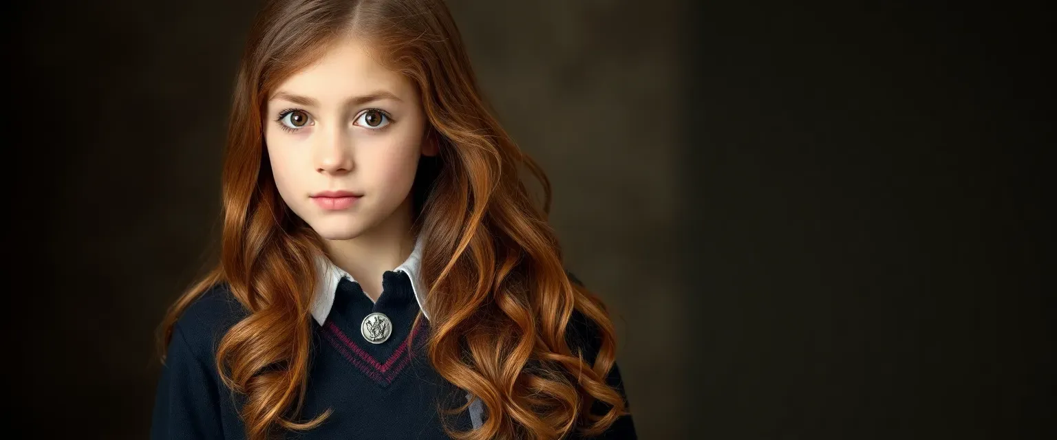 Eleven-year-old girl, long wavy chestnut hair, deep hazel eyes, Gryffindor uniform, silver pin, polished leather shoes.