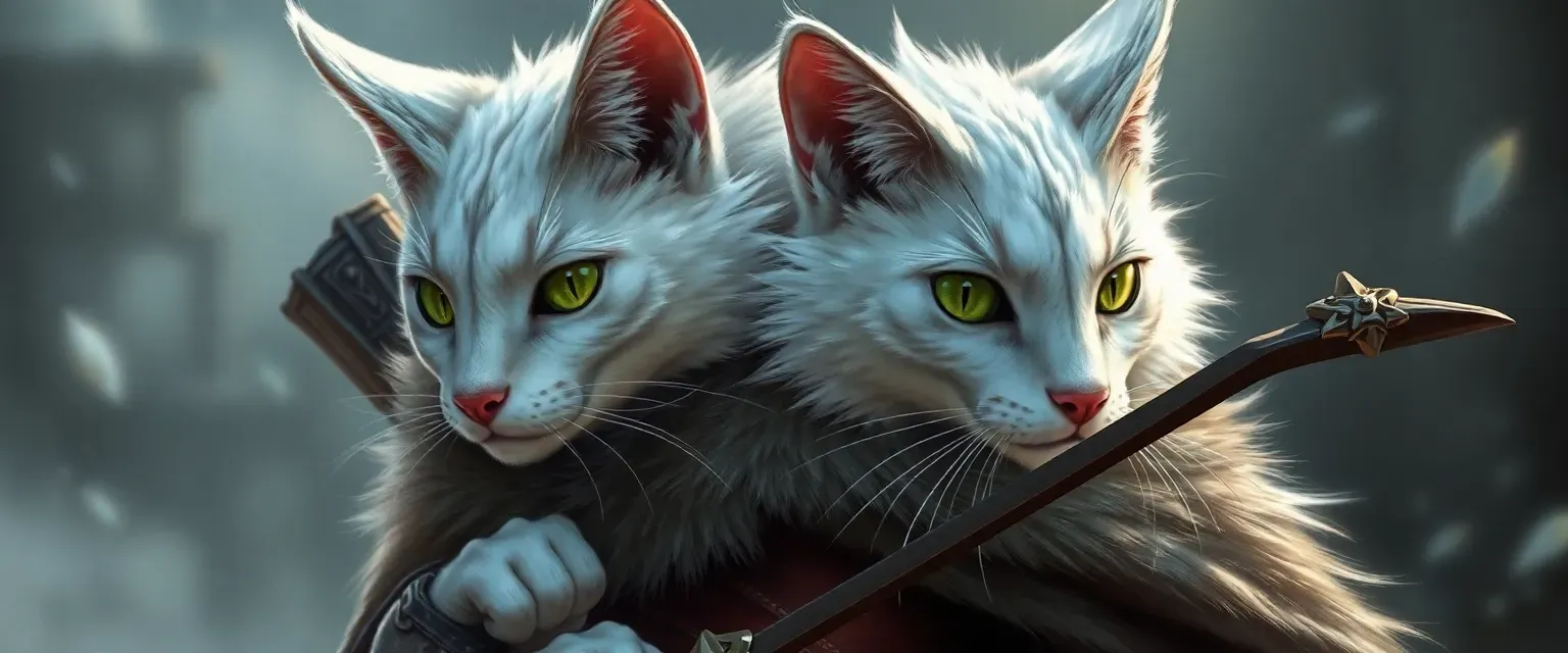 White-furred Tabaxi with green eyes, wearing leather and wolf fur cloak, holding a bow.