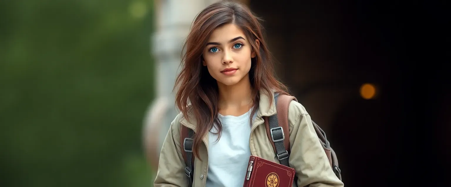20-year-old Amari with long brown hair, bright blue eyes, wearing a light jacket, t-shirt, flexible pants, carrying a backpack with patches, compass, and journal.